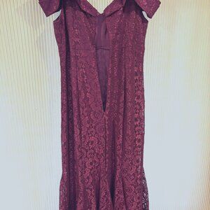 RM Richards, S 12, Long off the shoulder burgundy dress